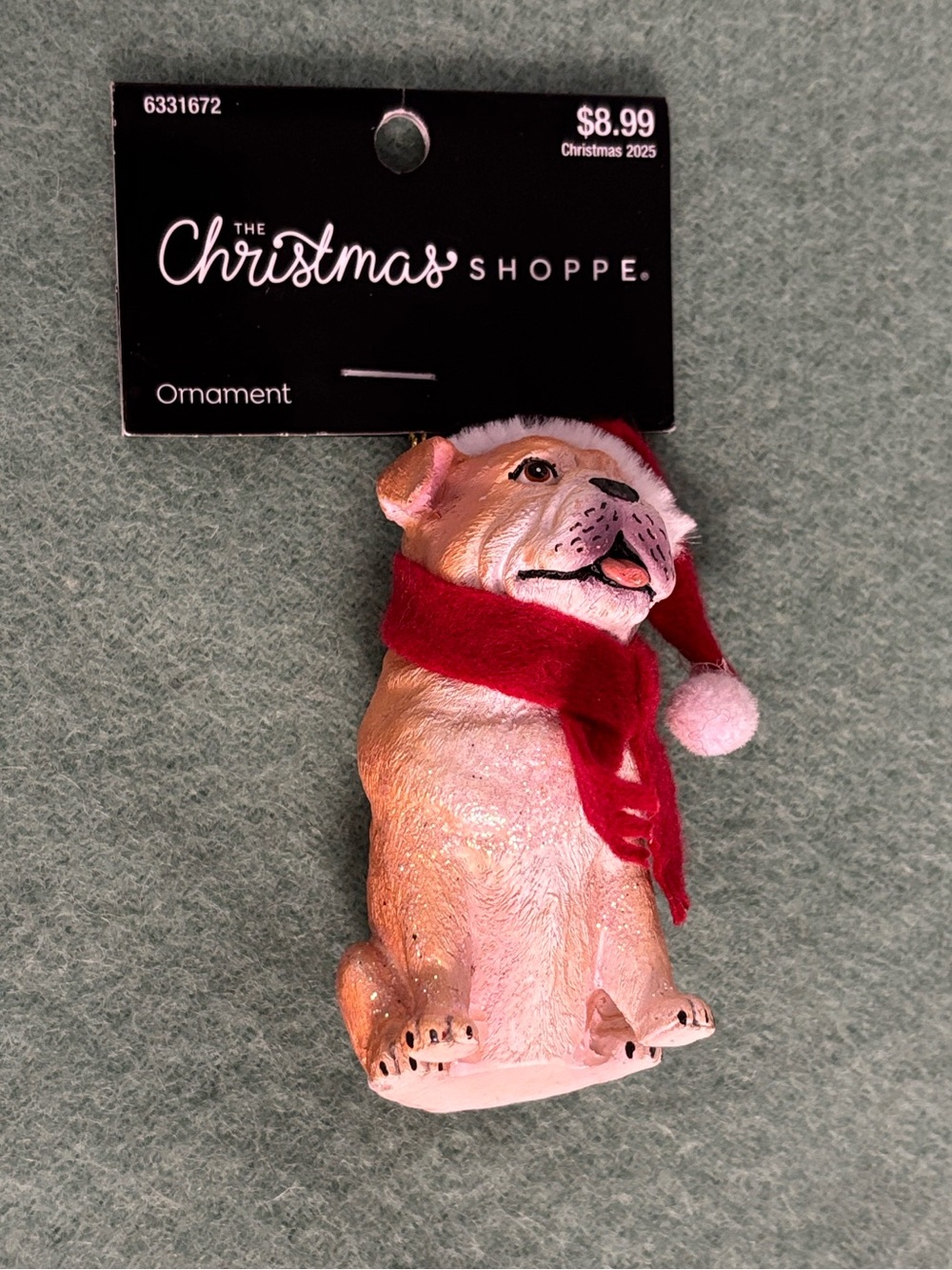 NWT The Christmas Shoppe Resin Bull Dog Ornament with Red Santa Hat & Scarf
